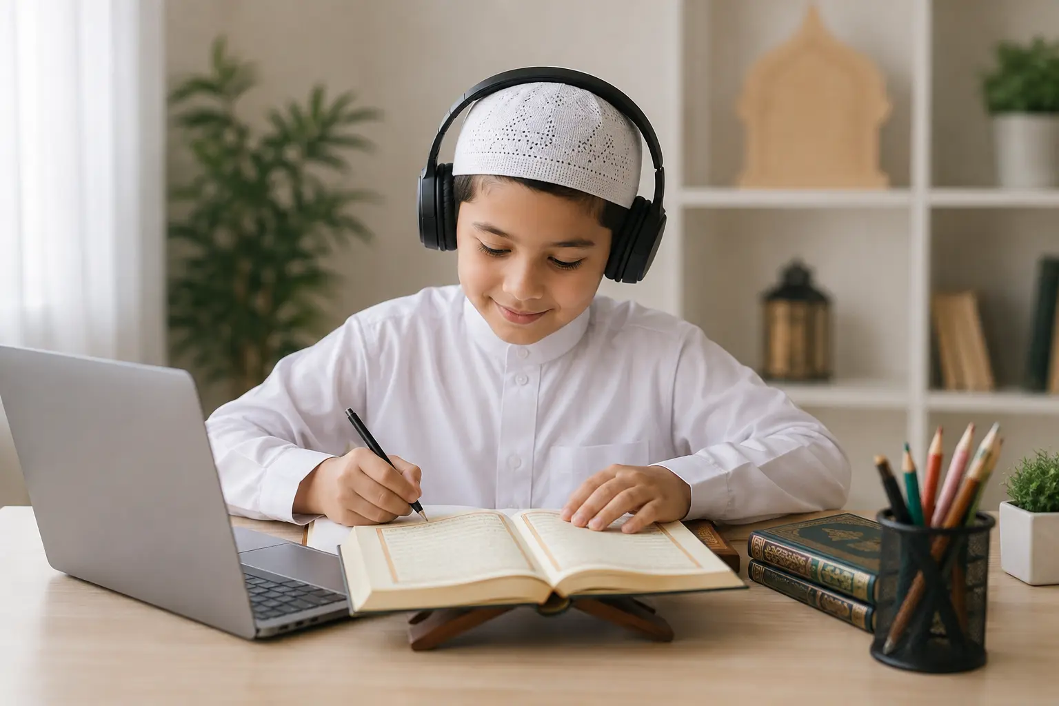 A child is taking is taking onlic studies class