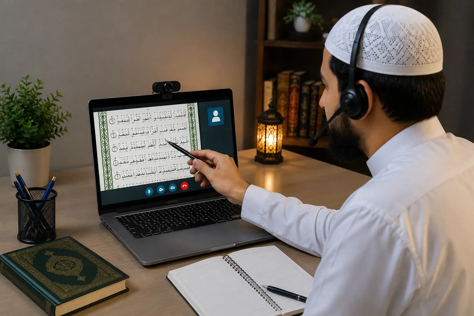 Quran teacher is taking online Quran education class