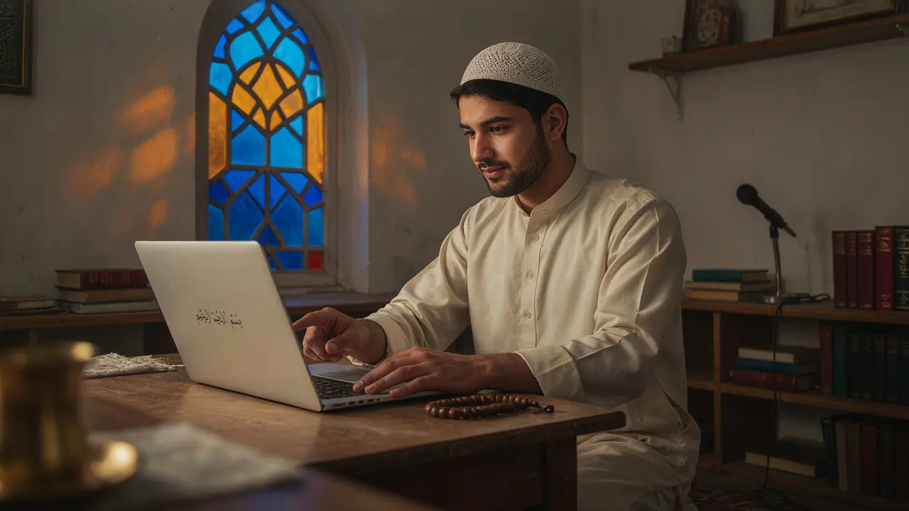 Quran teacher is taking online Quran memorization classes.